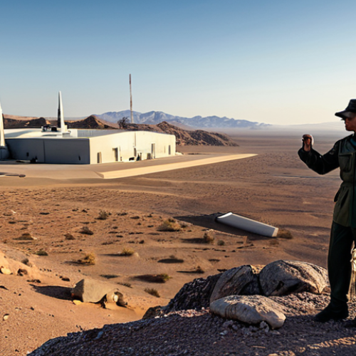 Home 11 A lone, professional-looking researcher, fully clothed in a modest, field-appropriate uniform, stands on a rocky outcrop overlooking a vast, arid desert landscape under a clear, evening sky. In the far distance, the subtle outlines of a highly secured, modern military research facility with large, discreet hangars are just visible, blending into the desolate environment. The atmosphere is quiet, evoking a sense of profound secrecy and careful observation. Professional photography, sharp focus, cinematic lighting, high-resolution, perfect anatomy, correct proportions, natural pose, well-formed hands, proper finger count, natural body proportions. safe for work, appropriate content, fully clothed, professional.