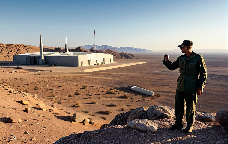 A lone, professional-looking researcher, fully clothed in a modest, field-appropriate uniform, stands on a rocky outcrop overlooking a vast, arid desert landscape under a clear, evening sky. In the far distance, the subtle outlines of a highly secured, modern military research facility with large, discreet hangars are just visible, blending into the desolate environment. The atmosphere is quiet, evoking a sense of profound secrecy and careful observation. Professional photography, sharp focus, cinematic lighting, high-resolution, perfect anatomy, correct proportions, natural pose, well-formed hands, proper finger count, natural body proportions. safe for work, appropriate content, fully clothed, professional.