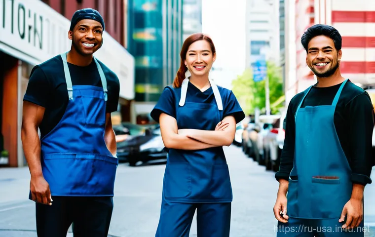 미국 노동조합 활동 - **Prompt:** "A powerful and diverse group of modern workers, including a barista in a cafe apron, an...