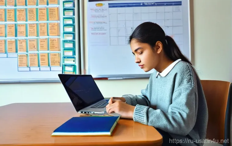 미국 유학 필수 정보 - **Prompt:** A determined young female student, appearing to be of Eastern European descent (e.g., Ru...