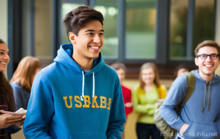 미국 유학 필수 정보 - **Prompt:** A diverse group of young university students, cheerfully interacting and smiling on a vi...
