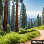 Home 19 미국 자전거 여행 추천 루트 - A scenic bicycle route through a lush national park in the United States, featuring towering sequoia...