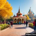 Home 18 미국 디즈니랜드 꿀팁 - A lively scene at a theme park during a mild autumn weekday, showcasing families and groups enjoying...