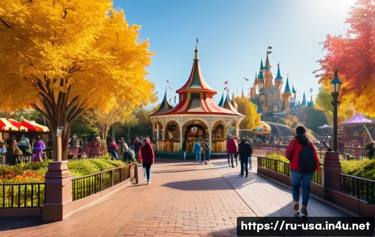 미국 디즈니랜드 꿀팁 - A lively scene at a theme park during a mild autumn weekday, showcasing families and groups enjoying...