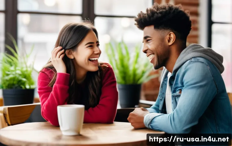 미국 시민들이 자주 쓰는 영어 표현 - A lively American casual conversation scene in a cozy coffee shop, featuring two young adults animat...