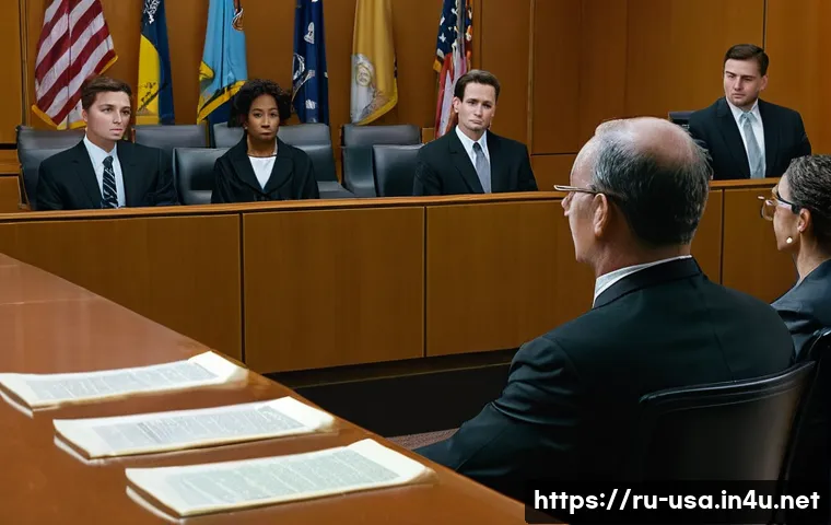 미국 사형제도 논란 - A detailed courtroom scene inside a modern American state court where a diverse group of jurors, inc...