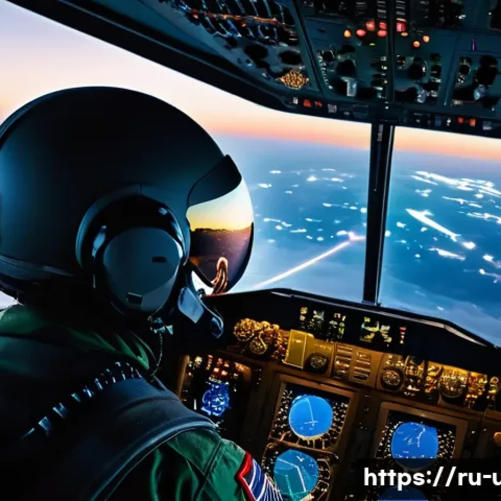 미국 UFO 미스터리 - A detailed scene showing a military pilot inside a modern fighter jet cockpit at dusk, observing an ...
