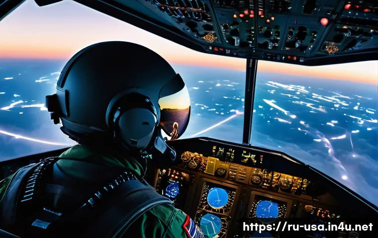 미국 UFO 미스터리 - A detailed scene showing a military pilot inside a modern fighter jet cockpit at dusk, observing an ...
