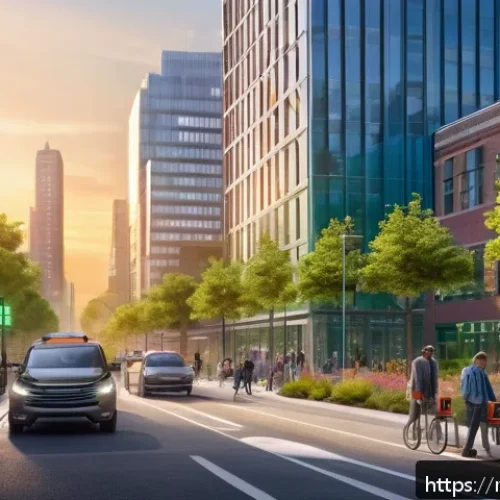 Home 33 미국 친환경 도시 정책 - A futuristic American city street scene at sunset featuring smart environmental sensor networks visi...