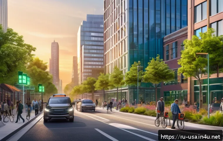 미국 친환경 도시 정책 - A futuristic American city street scene at sunset featuring smart environmental sensor networks visi...
