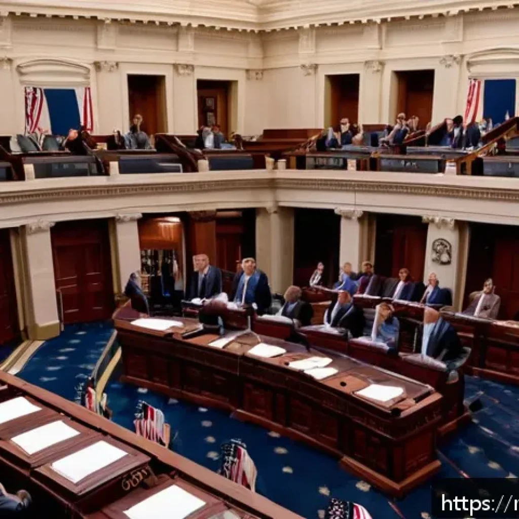미국 연방정부 구조 - A detailed scene inside a modern legislative chamber in the United States Capitol, showing diverse l...