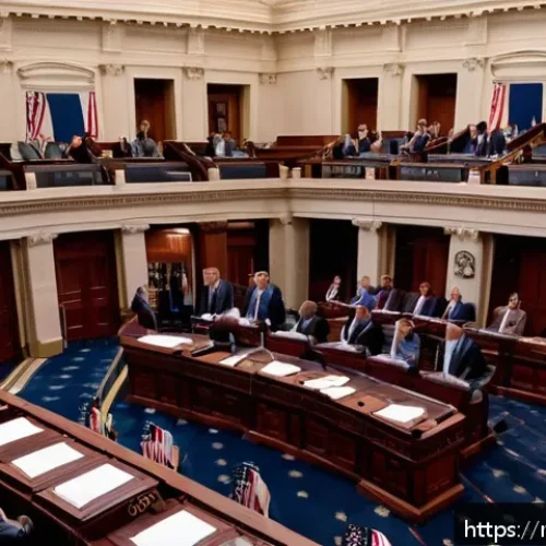 Home 32 미국 연방정부 구조 - A detailed scene inside a modern legislative chamber in the United States Capitol, showing diverse l...