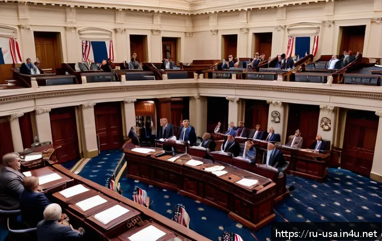 미국 연방정부 구조 - A detailed scene inside a modern legislative chamber in the United States Capitol, showing diverse l...