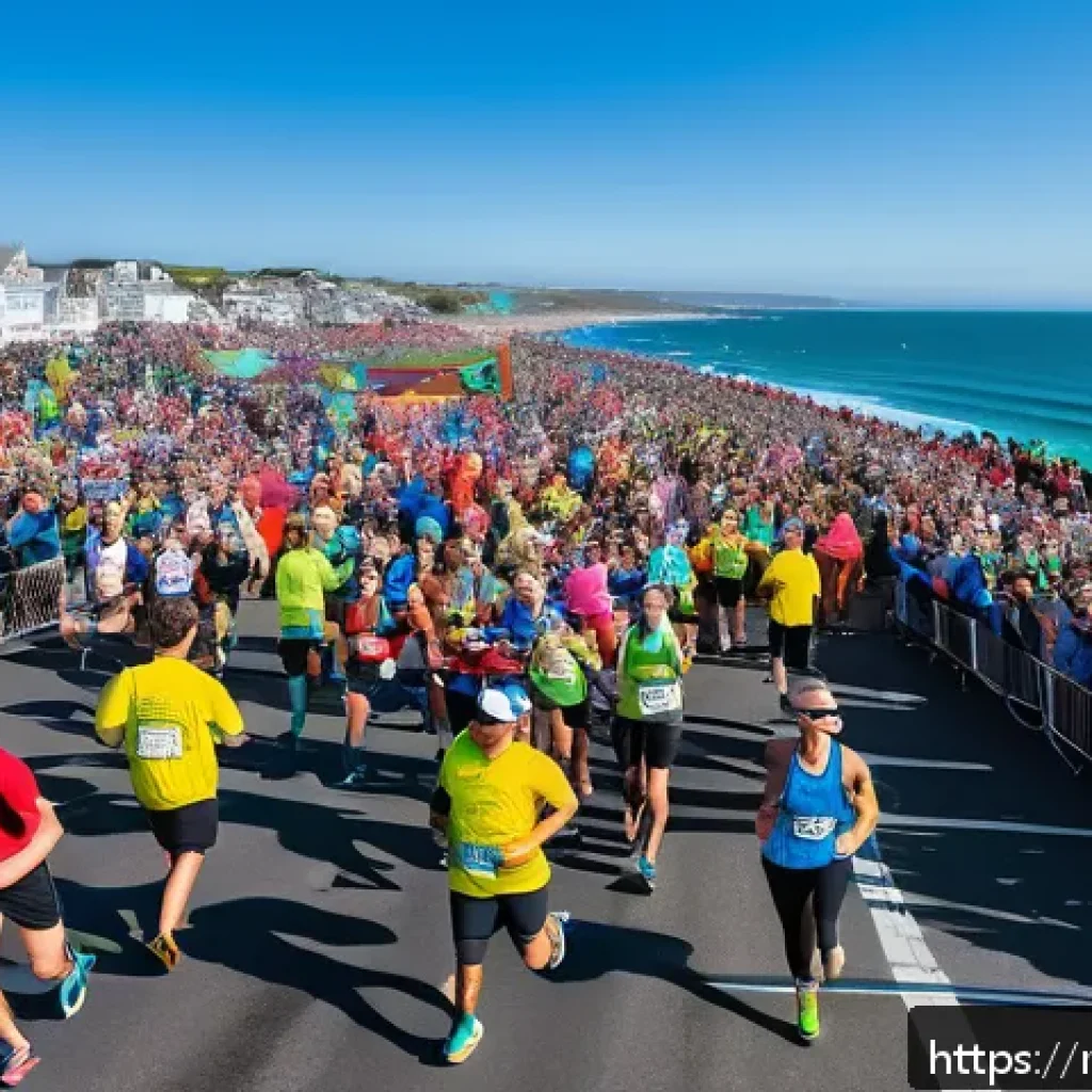 미국 유명 마라톤 대회 - A vibrant marathon scene along a scenic American coastline during spring, featuring diverse runners ...