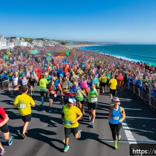 Home 30 미국 유명 마라톤 대회 - A vibrant marathon scene along a scenic American coastline during spring, featuring diverse runners ...