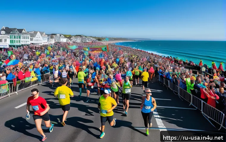 미국 유명 마라톤 대회 - A vibrant marathon scene along a scenic American coastline during spring, featuring diverse runners ...