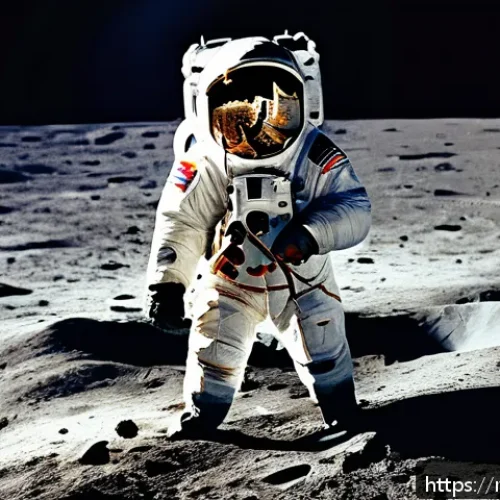 Home 17 미국 우주 개발 역사 - A detailed, realistic scene of the 1969 Apollo 11 Moon landing, showing astronauts Neil Armstrong an...