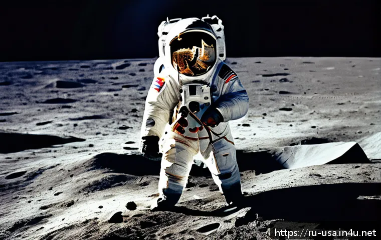 미국 우주 개발 역사 - A detailed, realistic scene of the 1969 Apollo 11 Moon landing, showing astronauts Neil Armstrong an...