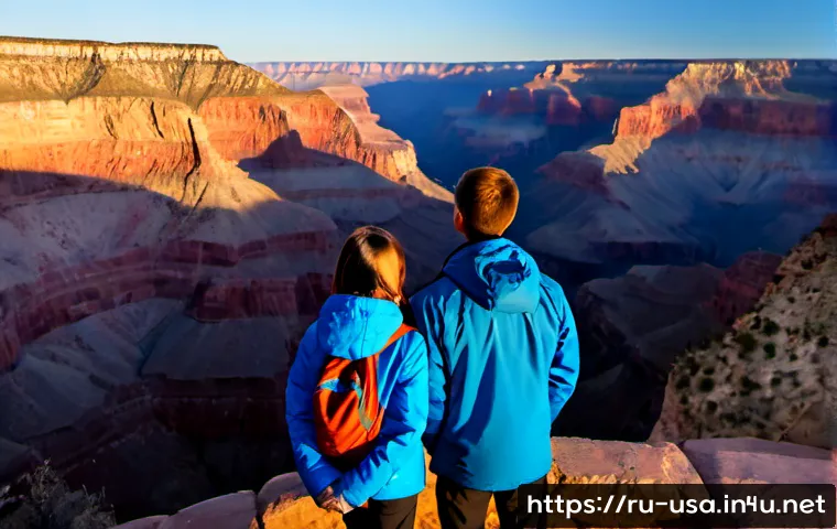 미국 그랜드캐년 여행 - Photorealistic sunrise view over the Grand Canyon, Arizona, vast layered red and golden cliffs glowi...
