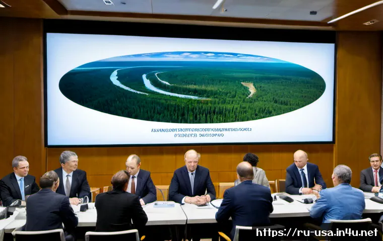 미국 환경보호 정책 - Photorealistic wide-angle view of a modern United States environmental policy meeting, diverse offic...