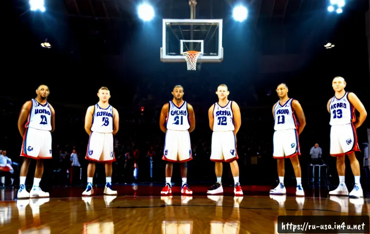 Home 30 미국 NBA 역사 - Photorealistic wide-angle scene inside a classic American basketball arena, a diverse lineup of lege...