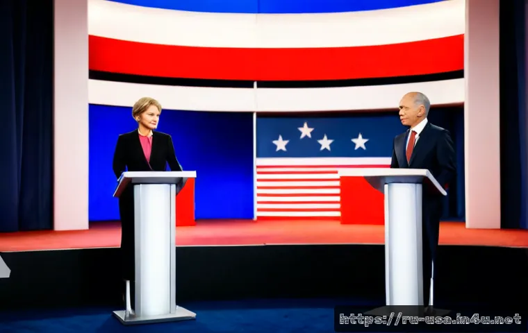 Home 17 미국 정치 토론 주제 - Photorealistic televised-style U.S. political debate scene, two diverse middle-aged candidates stand...